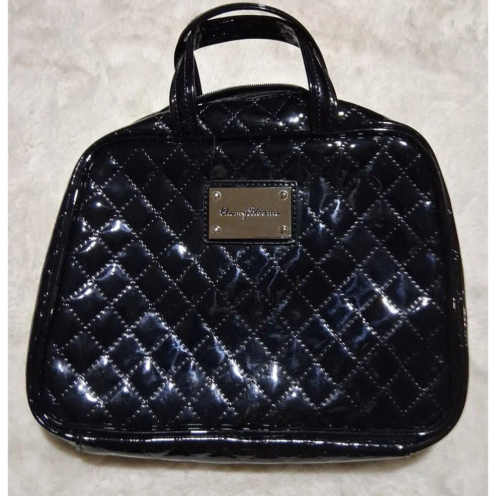 Cherry Blooms Black Soft Leather Quilted Cosmetic Bag + Organizer